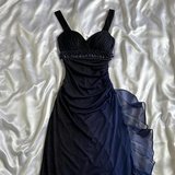 Dark Blue Straps Chiffon Vintage Long Party Dress Prom Gown HZ0319