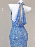 Blue V Neck Halter Sequins Sheath Long Party Dress Birthday Outfits HZ0319