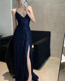 Navy Blue Straps Sequins Sheath Long Formal Party Dress with Split HZ0319