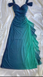 Shiny Blue Spaghetti Straps Ruffles Vintage Long Party Dress HZ0319