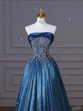 Navy Blue Strapless A-Line Beading Satin long Formal Party Dress HZ0319