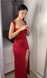 Red Mermaid Slit Prom Dress Satin Formal Party Dress, HZ0319
