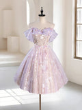 Vintage Light Purple Applique Floral Beaded Off-the-shoulder Design A-line Tulle Party Dress Homecoming Dress HZ0319