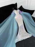 Vintage Shiny Sequined Sweetheart Spaghetti Strap Design Mermaid Prom Dress Evening Dress HZ0319