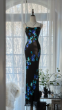 Retro Black Floral Spaghetti Strap Design Romantic Chiffon Evening Dress Prom Dress HZ0319