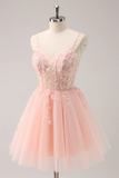 Vintage Pink 3D Flowers Design A-line Sleeveless Spaghetti Strap Homecoming Dress , HZ0319