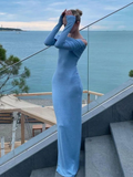 Blue Off Shoulder Long Sleeves Sheath Long Party Dress Evening Dress, HZ0319