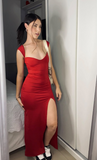 Red Mermaid Slit Prom Dress Satin Formal Party Dress, HZ0319