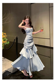 Vintage Blue Sweetheart Spaghetti Strap Mermaid Ruffled Hem Design Sexy Prom Dress Evening Dress HZ0319
