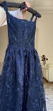 Navy Blue Straps A-Line Lace Long Prom Dress Evening Gown HZ0319