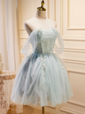 Vintage Light Blue Beaded Off-the-shoulder Design A-line Tulle Party Dress Homecoming Dress HZ0319