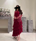 Wine Red Long Sleeves A-Line Tiered Long Formal Prom Dress HZ0319