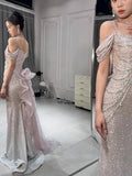 Light Pink Straps Off Shoulder Beading Mermaid Long Formal Party Dress, HZ0319
