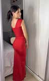 Red Mermaid Slit Prom Dress Satin Formal Party Dress, HZ0319
