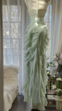 Vintage Light Green Shiny Spaghetti Strap Design Romantic Chiffon Evening Dress Prom Dress HZ0319