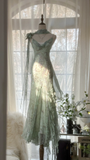 Retro Gorgeous Spaghetti Strap Green Beading Romantic Shinny Evening Dress Prom Dresses, HZ0319