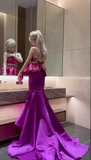 Unique Strapless Mermaid Satin Barbie Pink Long Evening Party Dress, HZ0319