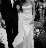White Spaghetti Straps Satin Long Party Dress Light Wedding Dress HZ0319
