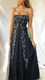 Black Spaghetti Straps A-Line Beading Vintage Long Evening Party Dress, HZ0319