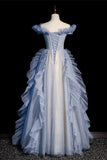 Blue Off Shoulder A-Line Tulle Long Formal Party Gown Prom Dress HZ0319