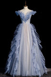 Blue Off Shoulder A-Line Tulle Long Formal Party Gown Prom Dress HZ0319