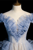 Blue Off Shoulder A-Line Tulle Long Formal Party Gown Prom Dress HZ0319