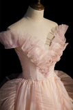 Pink Off Shoulder A-Line Tulle Long Formal Party Gown Prom Dress HZ0319