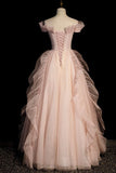 Pink Off Shoulder A-Line Tulle Long Formal Party Gown Prom Dress HZ0319