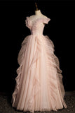 Pink Off Shoulder A-Line Tulle Long Formal Party Gown Prom Dress HZ0319
