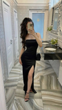 Sexy Black Spaghetti Straps Sheath Satin Long Evening Party Dress HZ0319