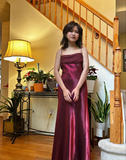 Wine Red Spaghetti Straps Vintage Satin Long Evening Dress HZ0319