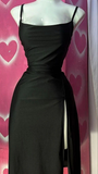Black Spaghetti Straps Sheath Satin Long Evening Dress with High Split HZ0319