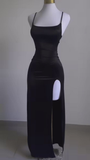 Simple Black Spaghetti Straps Sheath Satin Long Evening Party Dress HZ0319