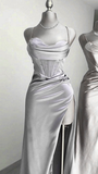Grey Straps Sheath Satin Long Evening Party Dress with Split HZ0319