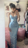 Light Blue Spaghetti Straps Floral Sheath Long Party Dress HZ0319