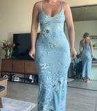 Light Blue Spaghetti Straps Floral Sheath Long Party Dress HZ0319