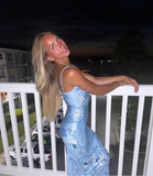 Light Blue Spaghetti Straps Floral Sheath Long Party Dress HZ0319
