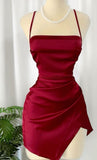 Wine Red Straps Sheath Satin Short Party Dress Homecoming Dress, HZ0319