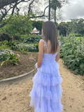 Lilac Straps A-Line Tulle Tiered Long Formal Prom Dress, HZ0319