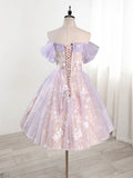 Vintage Light Purple Applique Floral Beaded Off-the-shoulder Design A-line Tulle Party Dress Homecoming Dress HZ0319